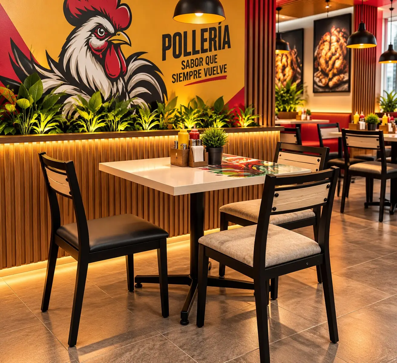 Juego de comedor Aldana con mesa blanca y sillas negras en una pollería