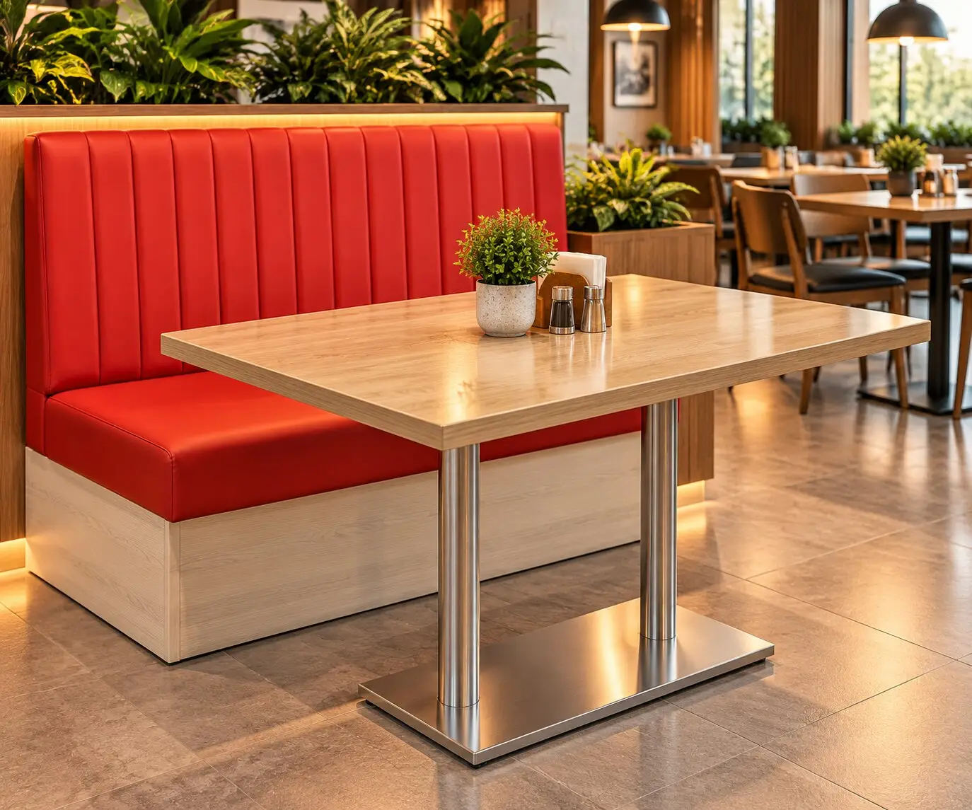 Butaca tapizada roja con mesa de base metálica
