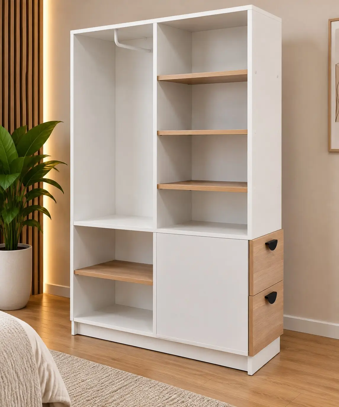 Estante colgador blanco con repisas de madera