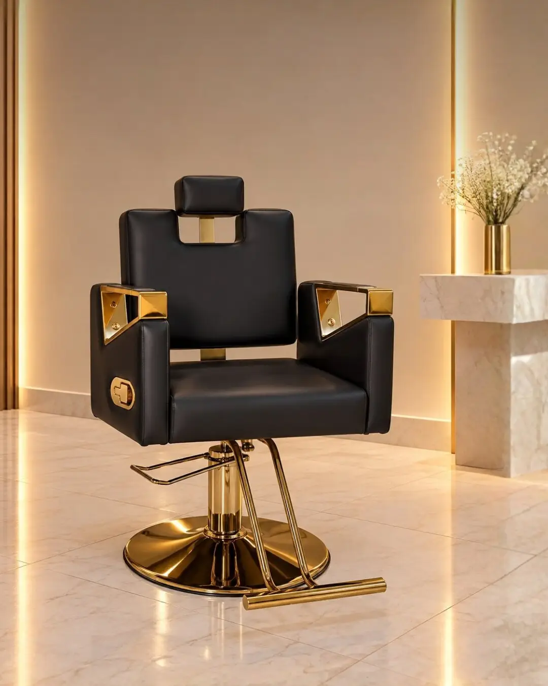 Silla de corte negra con brazos y base dorados
