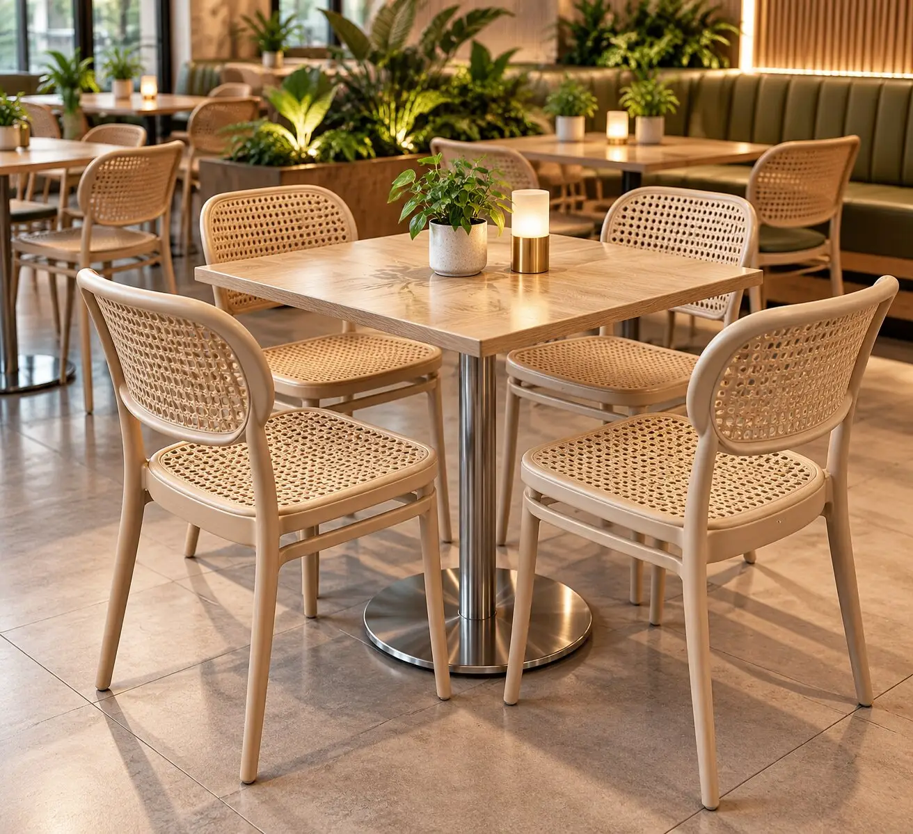 Juego de sillas Somaya de rejilla con mesa de madera en una cafetería